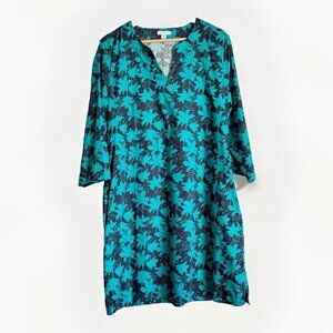 Garnet Hill Women 16 Tropical Floral Shift Dress Teal 3/4 Sleeves Pocket Coastal